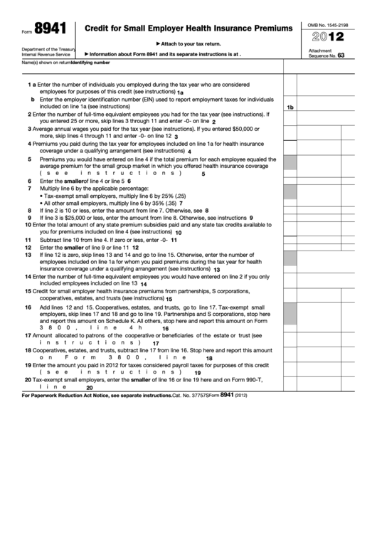 Fillable Form 8941 - Credit For Small Employer Health Insurance Premiums - 2012 Printable pdf