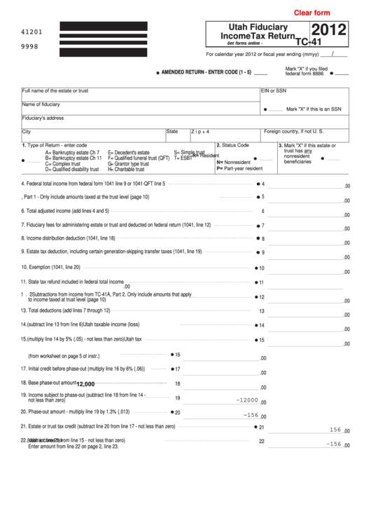 Fillable Form Tc-41 - Utah Fiduciary Income Tax Return - 2012 Printable pdf