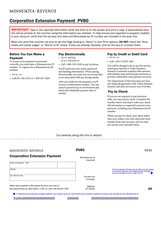 Fillable Form Pv80 - Corporation Extension Payment Printable pdf