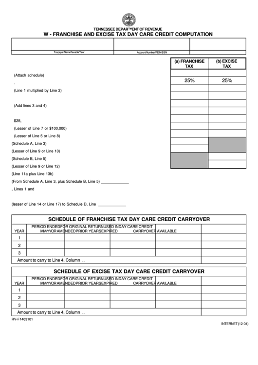 Fillable Form Rv-F1403101 - W - Franchise And Excise Tax Day Care Credit Computation Printable pdf