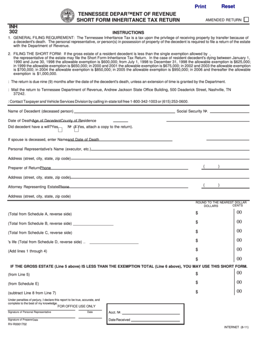 Fillable Form Inh 302 Short Form Inheritance Tax Return Printable Pdf