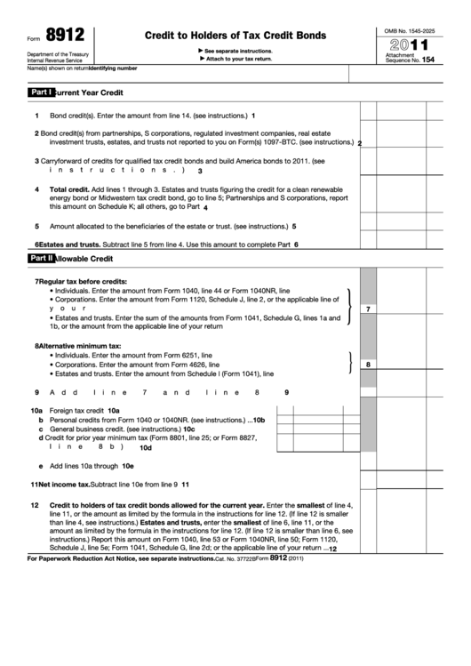 Fillable Form 8912 - Credit To Holders Of Tax Credit Bonds - 2011 ...