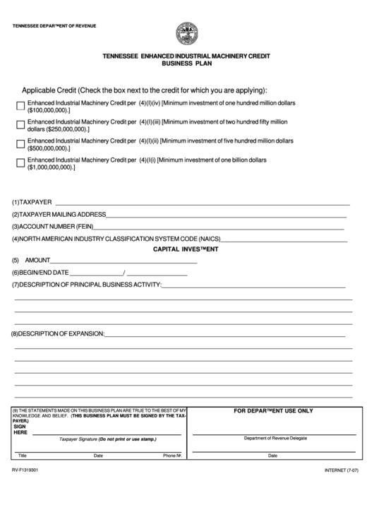Fillable Form Rv-F1319301 - Tennessee Enhanced Industrial Machinery Credit Business Plan Printable pdf
