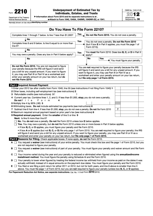 Fillable Form 2210 - Underpayment Of Estimated Tax By Individuals, Estates, And Trusts - 2012 Printable pdf