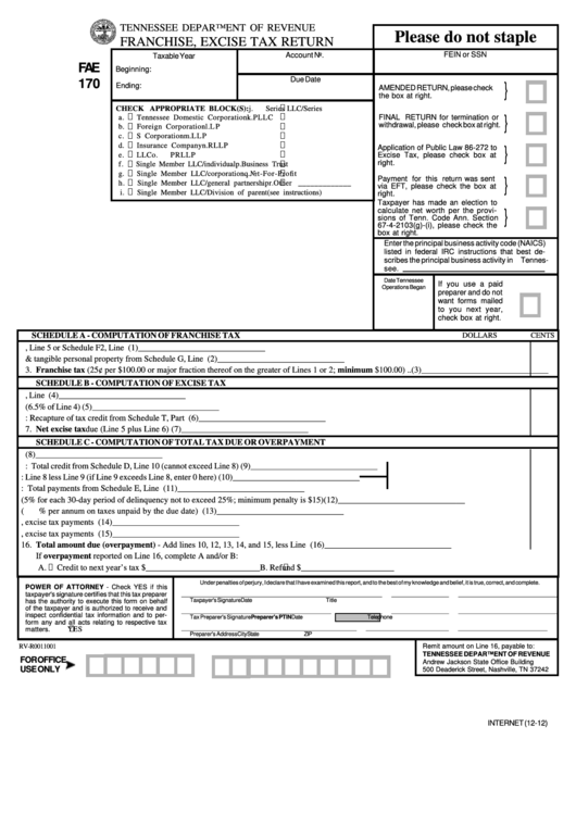 Form Fae 170 - Franchise, Excise Tax Return Printable pdf