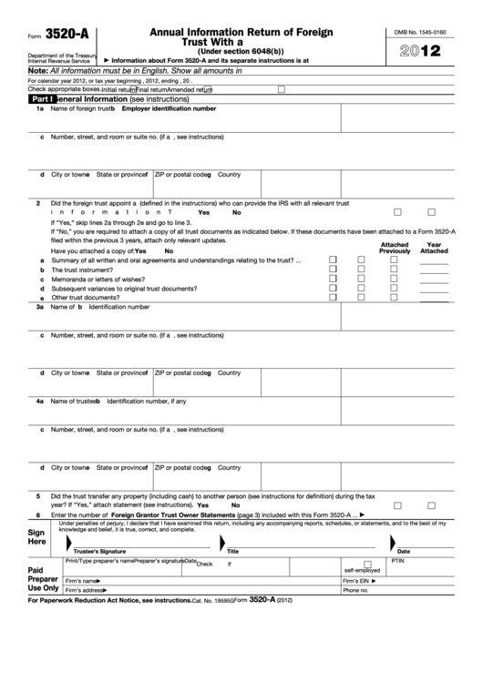 Fillable Form 3520-A - Annual Information Return Of Foreign Trust With A U.s. Owner - 2012 Printable pdf
