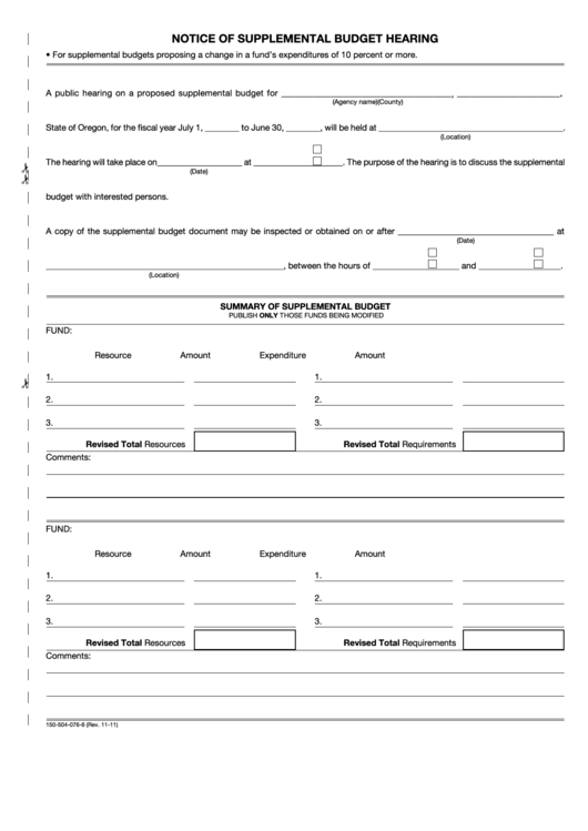 Fillable Form 150-504-076-6 - Notice Of Supplemental Budget Hearing Printable pdf
