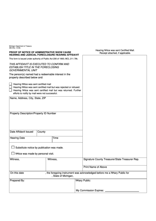 Form 296 - Proof Of Notice Of Administrative Show Cause Hearing And Judicial Foreclosure Hearing Affidavit Printable pdf