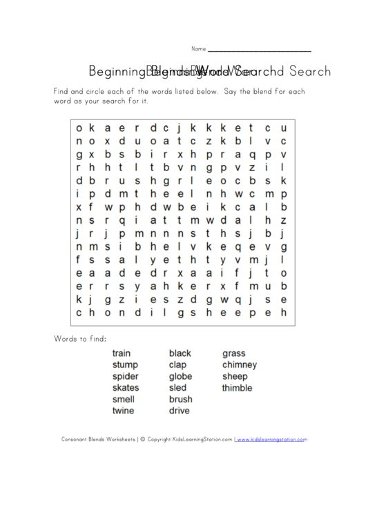 Beginning Blends Word Search Worksheet Template Printable pdf