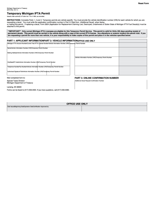 Fillable Form 2873 - Temporary Michigan Ifta Permit Printable pdf