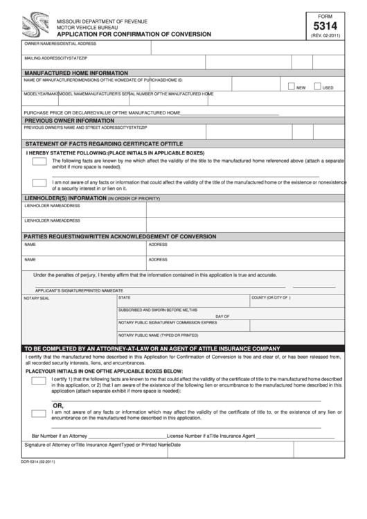 Fillable Form 5314 - Application For Confirmation Of Conversion Printable pdf