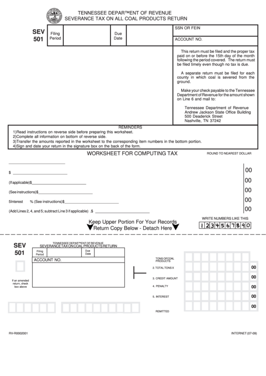 Fillable Form Sev 501 - Severance Tax Return On All Coal Products Printable pdf