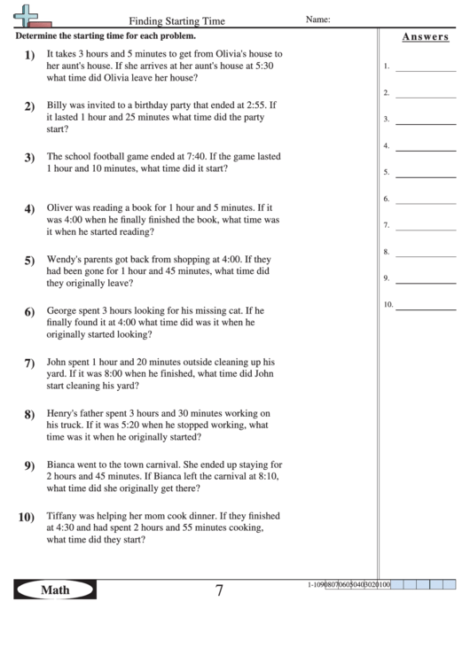 Finding Starting Time - Math Worksheet With Answers Printable pdf