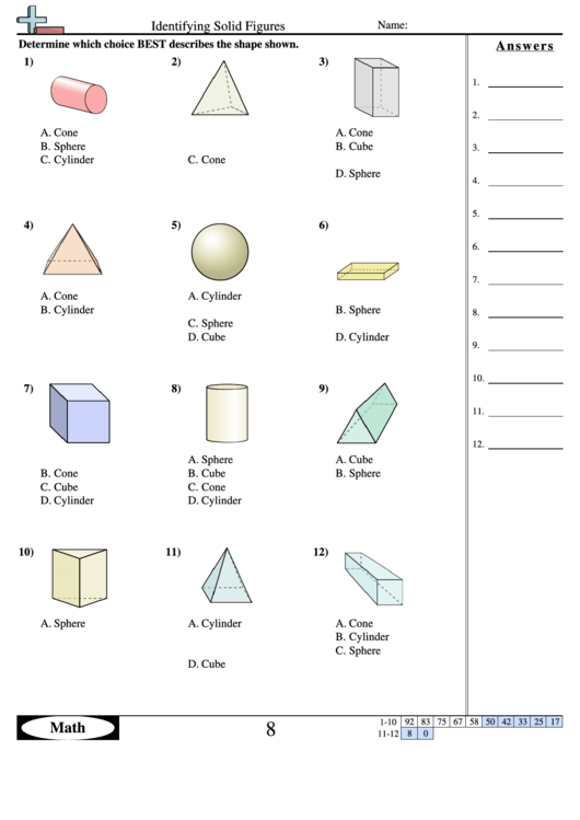 Identifying Solid Figures - Geometry Worksheet With Answers Printable pdf