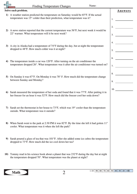 Finding Temperature Changes - Math Worksheet With Answers Printable pdf