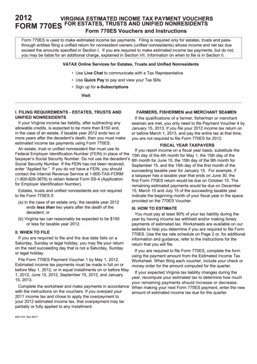 Form 770es - Virginia Estimated Income Tax Payment Vouchers - 2012 Printable pdf