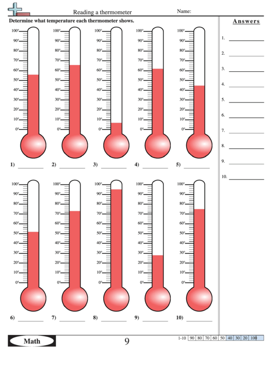 Reading A Thermometer - Measurement Worksheet With Answers Printable pdf