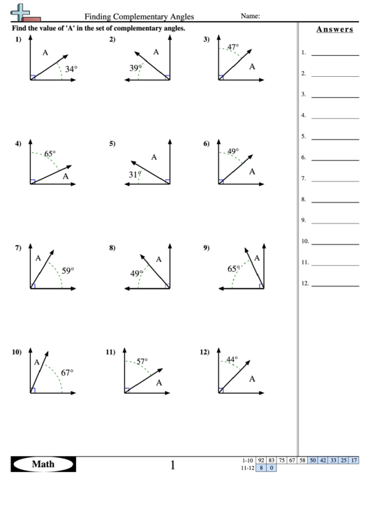 Finding Complementary Angles - Geometry Worksheet With Answers Printable pdf