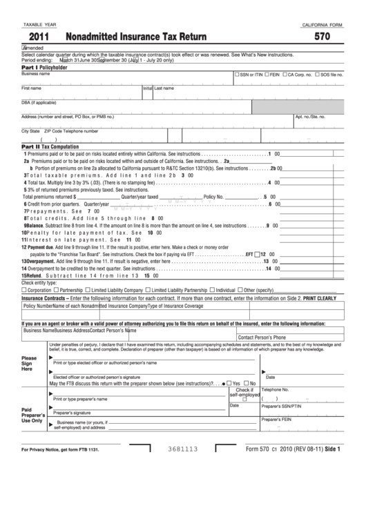 Fillable Form 570 - Nonadmitted Insurance Tax Return - 2011 Printable pdf