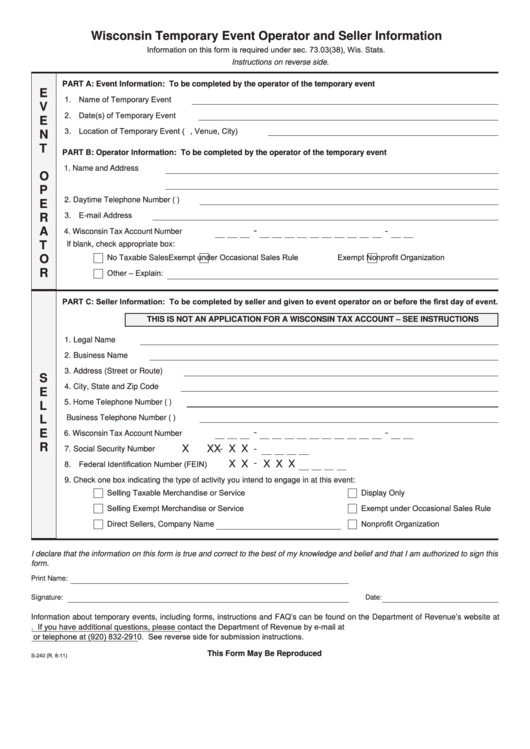 Form S-240 - Wisconsin Temporary Event Operator And Seller Information Printable pdf