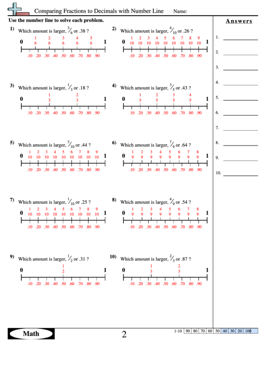 Comparing Fractions To Decimals With Number Line - Fractions Worksheet With Answers Printable pdf