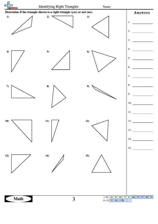 Identifying Right Triangles - Geometry Worksheet With Answers Printable pdf