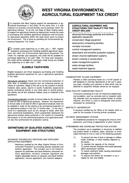 Form Wv/ag-1 - West Virginia Environmental Agricultural Equipment Tax Credit Printable pdf