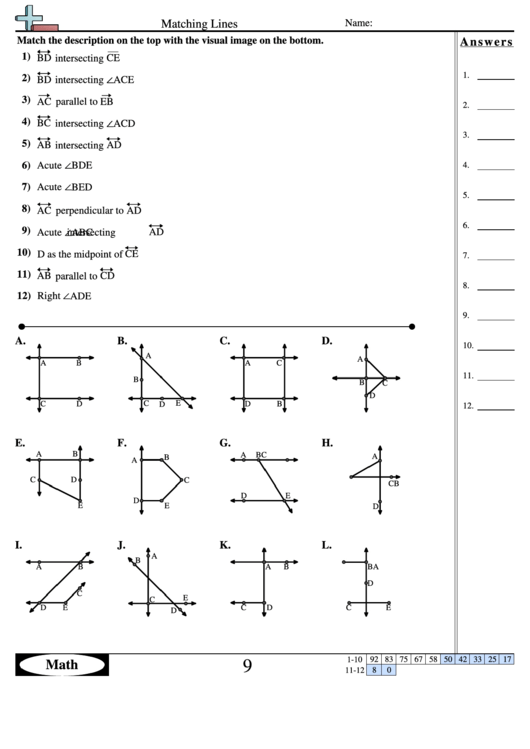 Matching Lines - Geometry Worksheet With Answers Printable pdf