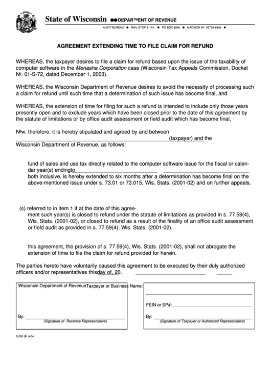 Form S-250 - Wisconsin Agreement Extending Time To File Claim For Refund Printable pdf