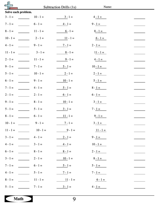 Subtraction Drills (1s) - Subtraction Worksheet With Answers Printable pdf
