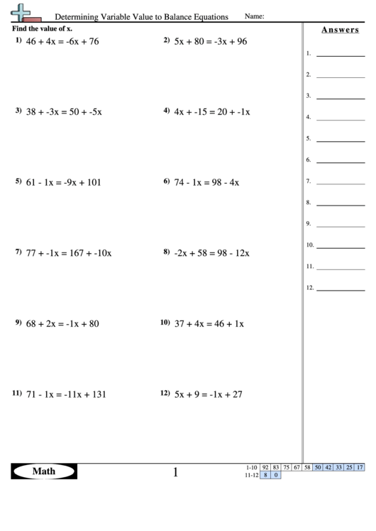 Determining Variable Value To Balance Equations - Equation Worksheet With Answers Printable pdf