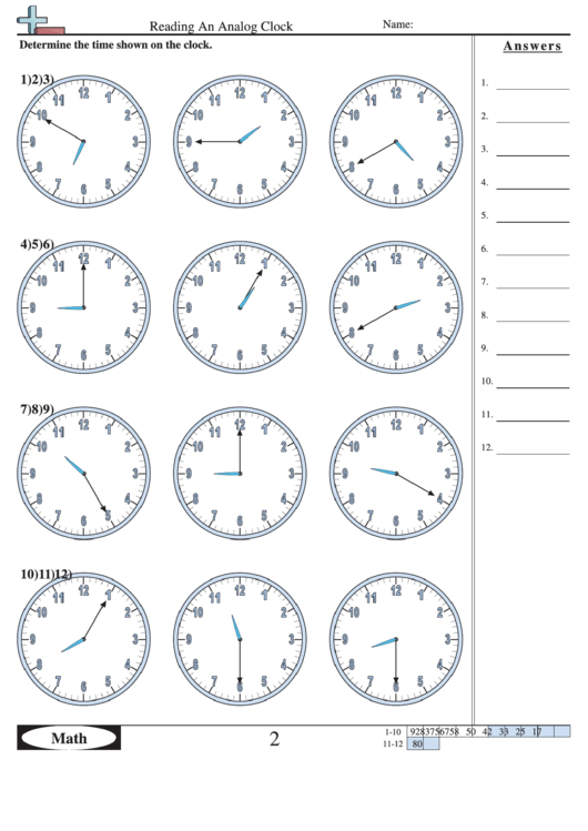 Reading An Analog Clock - Math Worksheet With Answers Printable pdf