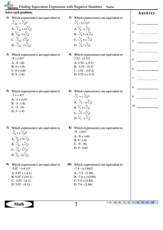 Finding Equivalent Expression With Negative Numbers - Math Worksheet With Answers Printable pdf