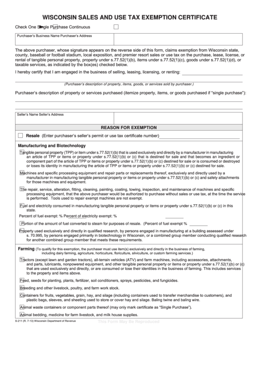 Form S-211 - Wisconsin Sales And Use Tax Exemption Certificate Printable pdf