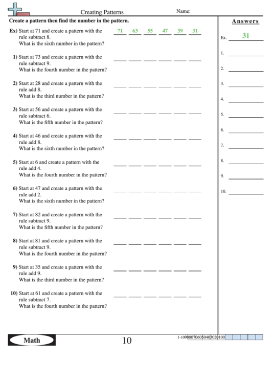 Creating Patterns - Pattern Worksheet With Answers Printable pdf