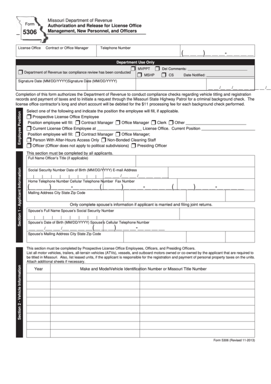 Fillable Form 5306 - Authorization And Release For License Office Management, New Personnel, And Officers Printable pdf
