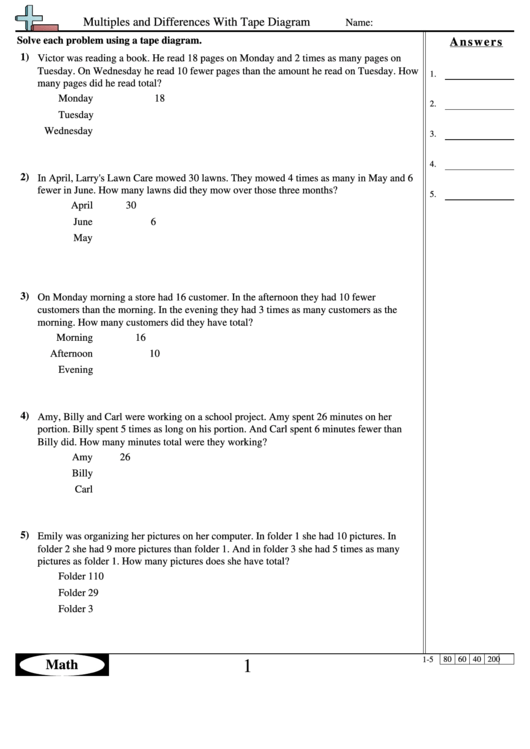 Multiples And Differences With Tape Diagram - Math Worksheet With Answers Printable pdf