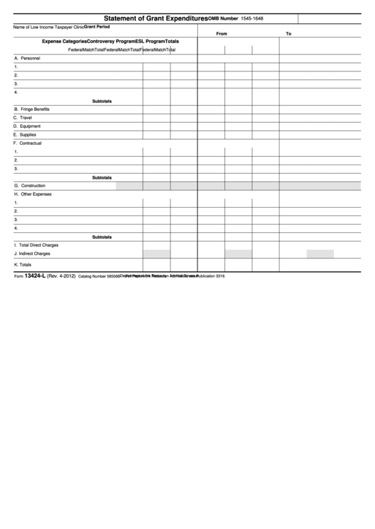 Fillable Form 13424-L - Statement Of Grant Expenditures Printable pdf