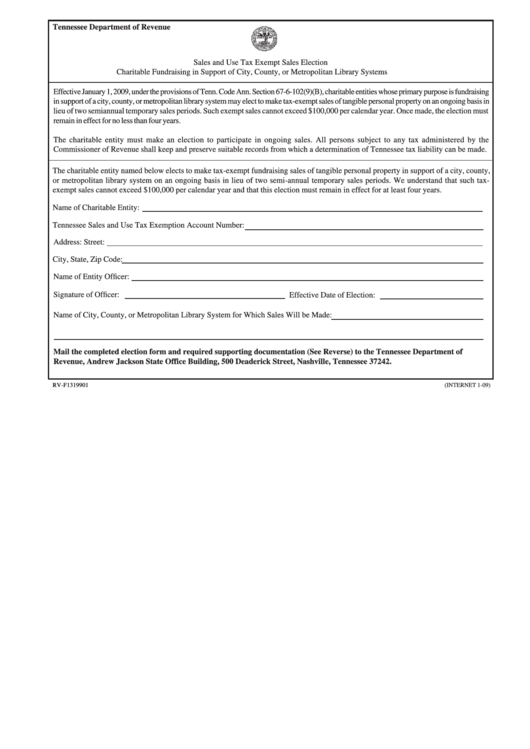Form Rv-F1319901 - Sales And Use Tax Exempt Sales Election Printable pdf