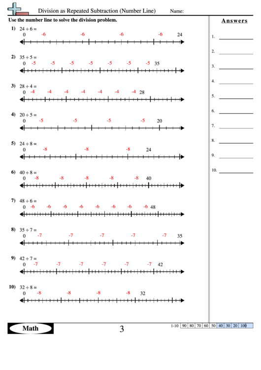 Division As Repeated Subtraction (Number Line) - Division Worksheet With Answers Printable pdf