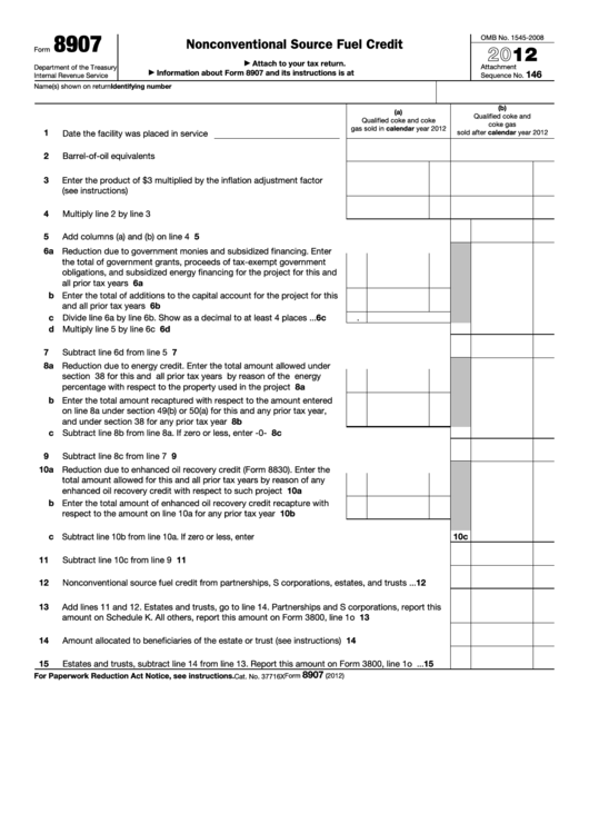 Fillable Form 8907 - Nonconventional Source Fuel Credit - 2012 Printable pdf