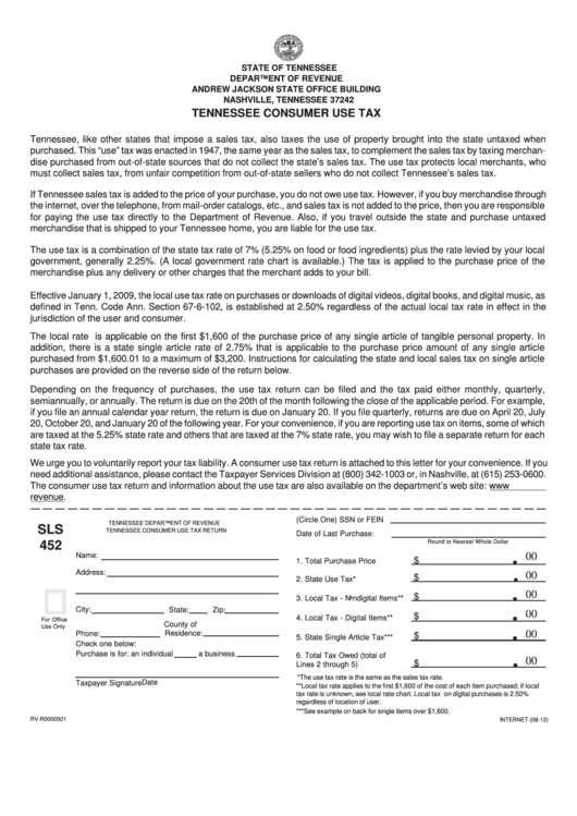 Fillable Form Sls 452 Tennessee Consumer Use Tax Return printable pdf