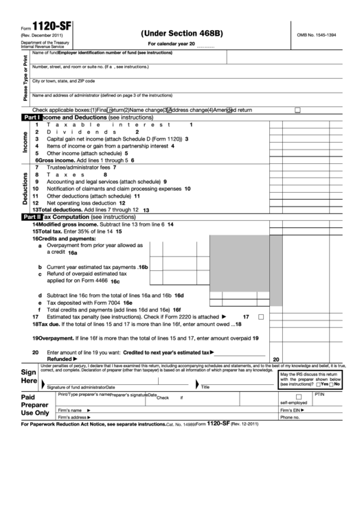Fillable Form 1120-Sf - U.s. Income Tax Return For Settlement Funds (Under Section 468b) Printable pdf