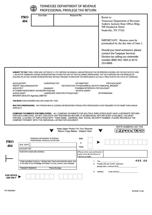 Form Pro 404 - Professional Privilege Tax Return printable pdf download