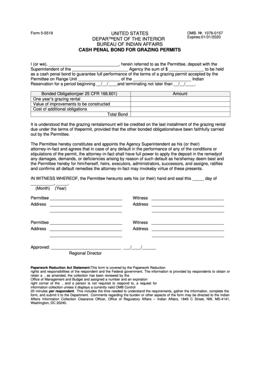 Form 5-5519 - Cash Penal Bond For Grazing Permits -department Of The Interior Bureau Of Indian Affairs