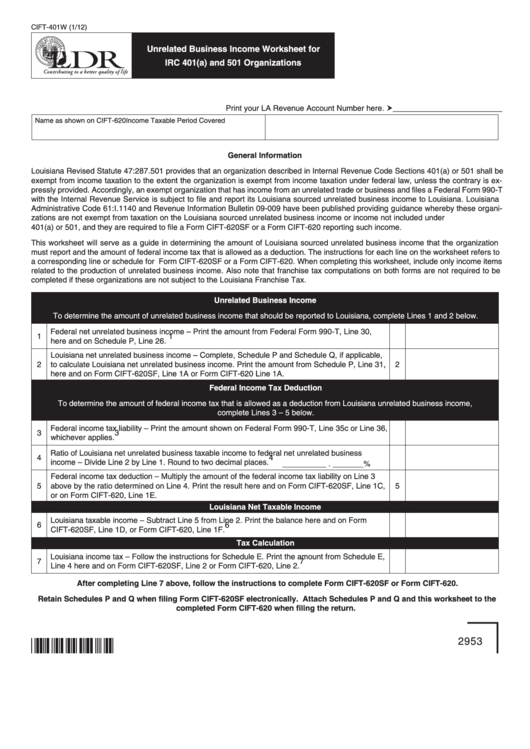 Fillable Form Cift-401w - Unrelated Business Income Worksheet For Irc 401(A) And 501 Organizations Printable pdf
