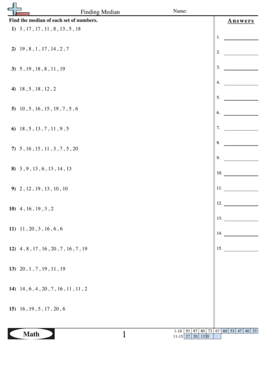 Finding Median - Math Worksheet With Answers Printable pdf
