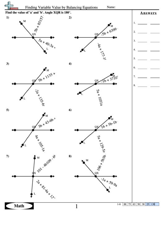 Finding Variable Value By Balancing Equations - Equation Worksheet With Answers Printable pdf