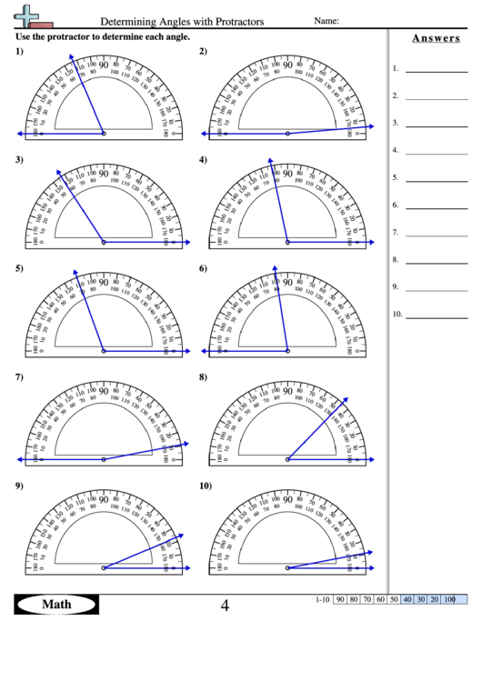 Determining Angles With Protractors - Geometry Worksheet With Answers Printable pdf
