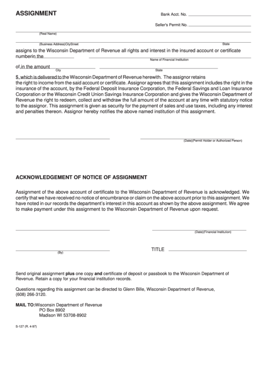 Form S-127 - Assignment And Acknowledgement Of Notice Of Assignment - Wisconsin Department Of Revenue Printable pdf